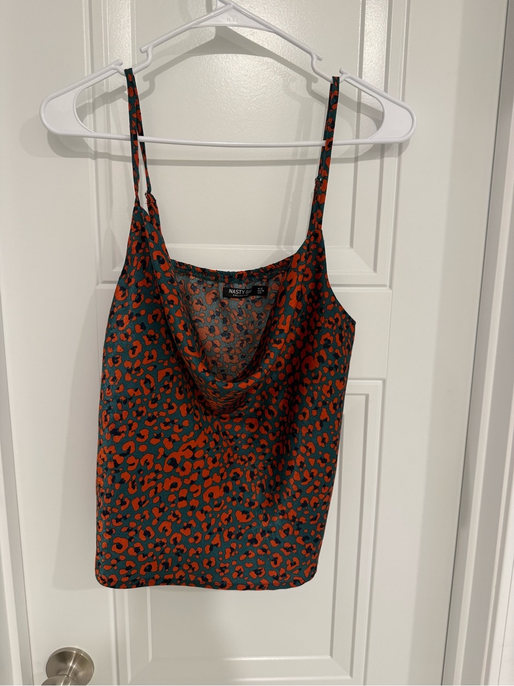 Nasty Gal Green Cowl Neck Camisole with Orange Leopard Print